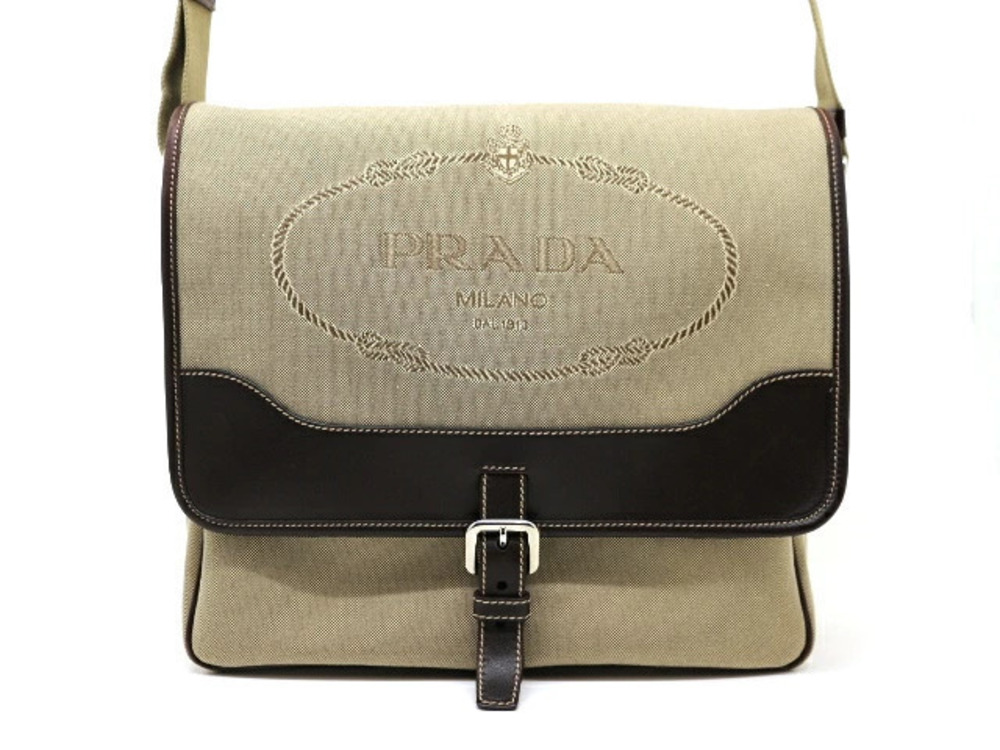 Prada Shoulder Bag Beige Cream Dark Brown Canvas Leather